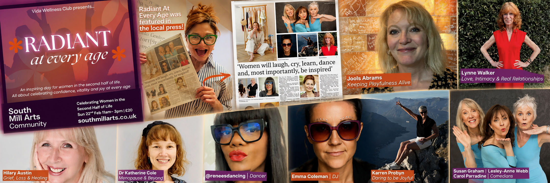 Collage of women connecting, doing yoga and celebrating together at Radiant at Every Age