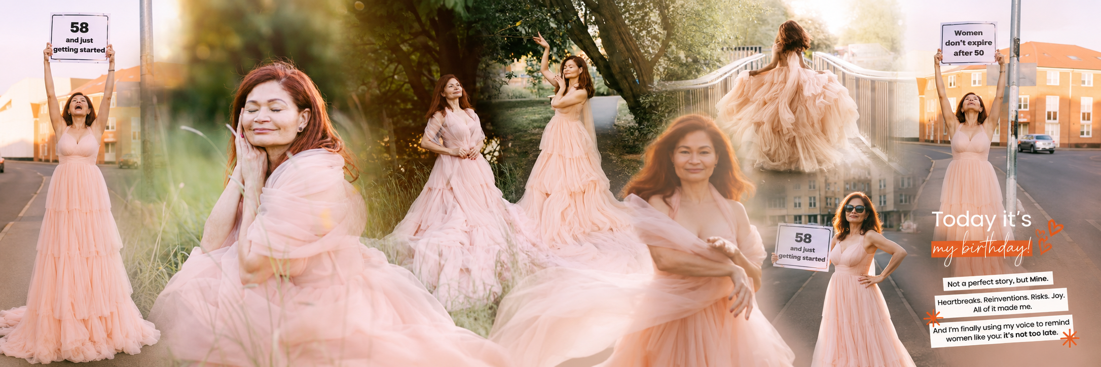 Adriana Welham celebrating her 58th birthday, a collage of her in a peach gown holding signs that read '58 and just getting started' and 'Women don't expire after 50'