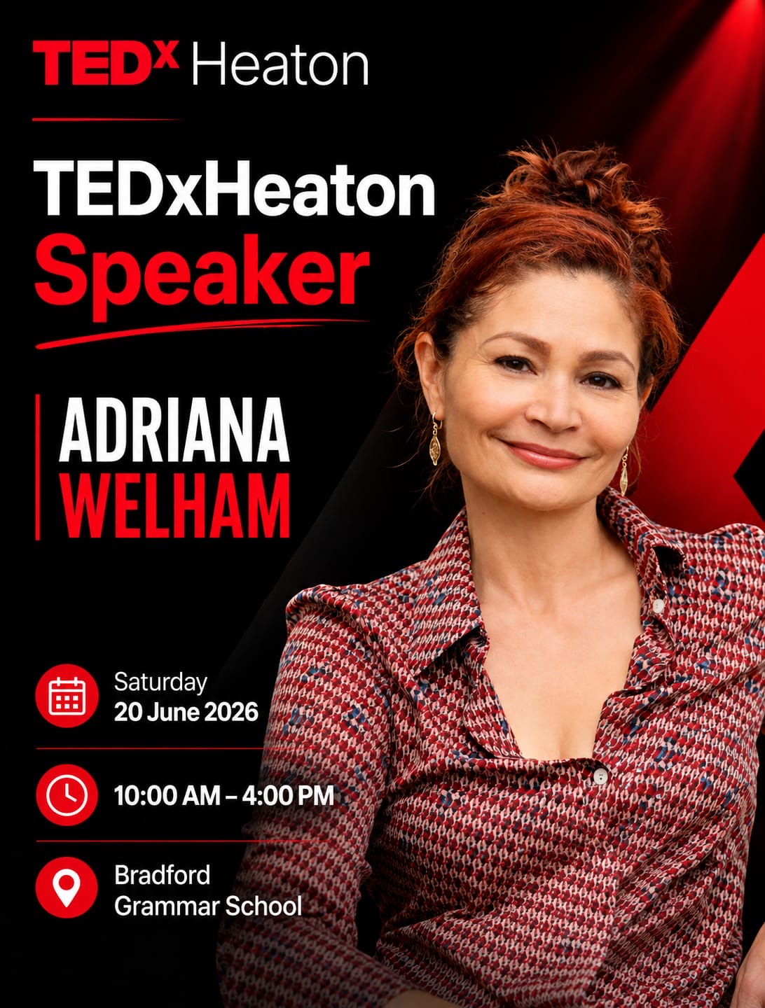 Official TEDxHeaton event poster featuring Adriana Welham